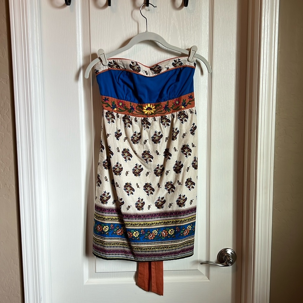 Embroidered Cotton Strapless Mini Dress Cream Floral Boho S